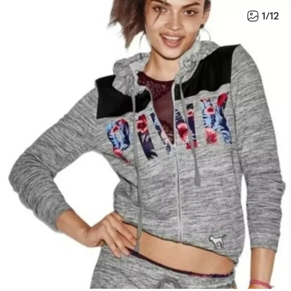 Victoria's Secret Gray and Black Hoodie with Floral Design